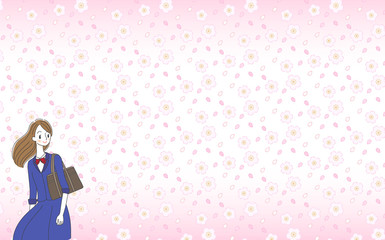 女子学生と桜の背景イラスト