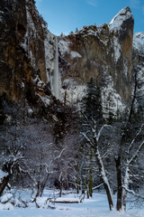 Fototapeta na wymiar Yosemite Merced Falls close-up, winter season with snow accumulated