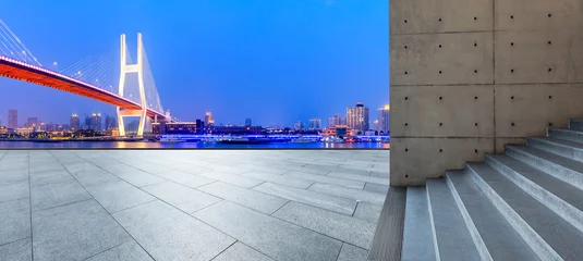 Papier Peint photo Pont de Nanpu Pont de Shanghai Nanpu et paysage de sol carré vide la nuit, Chine