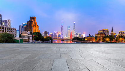 Empty city square and Shanghai skyline scenery at night