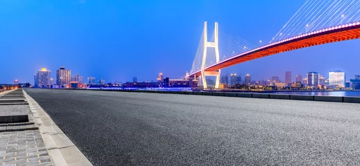 Papier Peint photo Pont de Nanpu Shanghai Nanpu bridge and asphalt road scenery at night,China