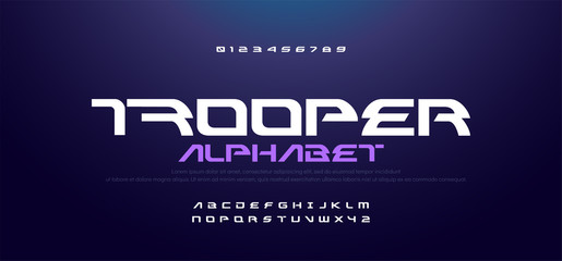 Sport Modern Technology Alphabet Font. Typography and number for game, movie technology, sport, motorcycle, racing logo fonts design. vector illustration - obrazy, fototapety, plakaty
