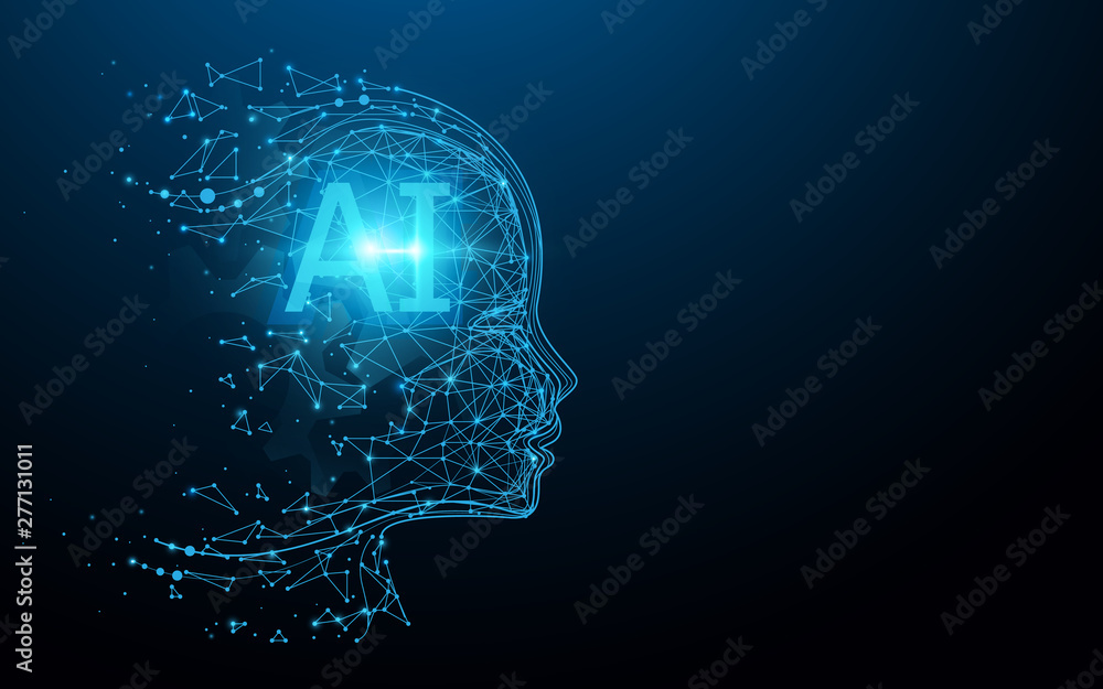 Leinwandbilder AI - Artificial intelligence. Ai digital brain. Robotics concept. Human face made from polygon. Illustration vector