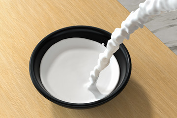 A bowl of milk and splashing liquid, 3d rendering.