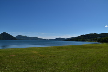 landscape with lake Toya and mountains in Hokkaido, Japan