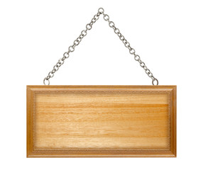 wooden frame brown paper sign board with chain  isolated on the white background