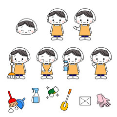 ハウスクリーニングスタッフ・清掃業者・清掃員・年末掃除の仕事・家政婦・主婦・お掃除道具一式イラスト