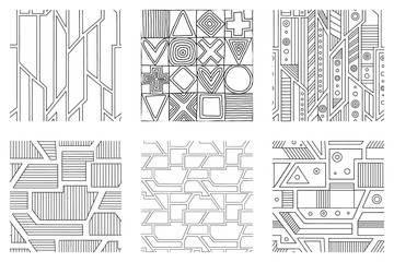 Naklejka premium Set of seamless vector pattern, black and white geometric background with rhombus, triangles, rectangles, dots, lines, squares. Abstract graphic design. Line drawing, print for wallpaper, fabric