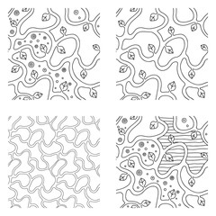 Set of seamless vector black and white hand drawn pattern with branch, leaves, dots. Abstract infinite tree. Graphic colorless illustration. Print for fabric, background, wallpaper, packeging wrapping