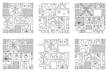 Set of seamless vector black and white background with hand drawn decorative childlike butterfly, ladybug, snail, dragonfly, flowers, leaves, fish, starfish, jellyfish, octopus Graphic illustration