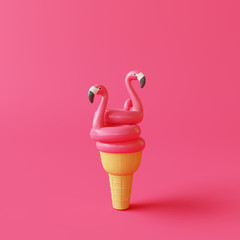 Ice cream cone with flamingo float on pink background. Creative idea. Minimal concept. 3d rendering - obrazy, fototapety, plakaty