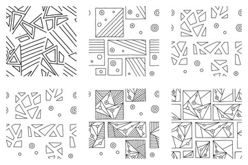 Set of seamless vector pattern, black and white geometric background with rhombus, triangles, rectangles, dots, lines, squares. Abstract graphic design. Line drawing, print for wallpaper, fabric