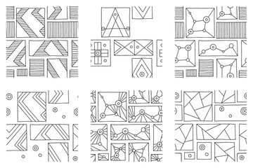 Set of seamless vector pattern, black and white geometric background with rhombus, triangles, rectangles, dots, lines, squares. Abstract graphic design. Line drawing, print for wallpaper, fabric