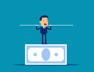Man balancing on the banknote. Concept business financial vector illustration. Balance, Investment, Income.