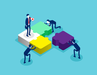 Isometric team connecting puzzle elements. Concept isometric business teamwork vector illustration, Template, Banner, Successful, Isometric flat cartoon, character, style design.