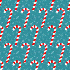 Seamless pattern with candy canes and snowflakes, Christmas vector illustration