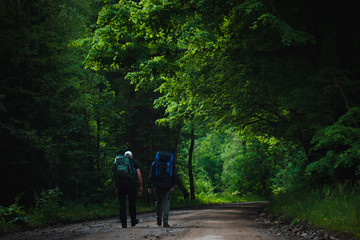 Fototapeta premium Two friends travel in the mountains with backpacks