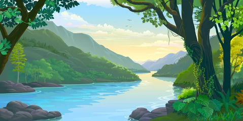 Poster Im Rahmen Natürlicher Fensterblick auf den Fluss, der ruhig durch dichten grünen Tropenwald fließt © ActiveLines