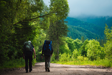 Obraz premium Two friends travel in the mountains with backpacks