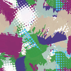 Seamless abstract grunge texture. Repetitive pattern for printing on fabric, wrapping paper. Chaotic background of spots green, purple, blue, white, brown.