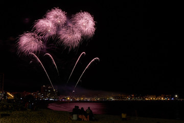 Beautiful firework in a small Spanish town Palamos, day of celebrating the town 06. 26. 2019