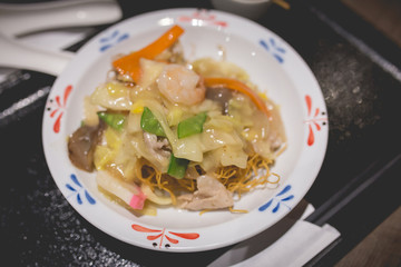 Seafood sara udon japanese cuisine. Traditional Nagasaki fried noodle