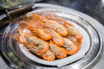 steamed fresh river prawns served in luxury restaurant