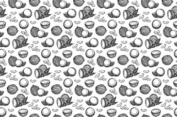 Hand drawn black sketch coconuts outline seamless pattern. Vector ink drawing coco fruits. Graphic illustration, isolated on white background