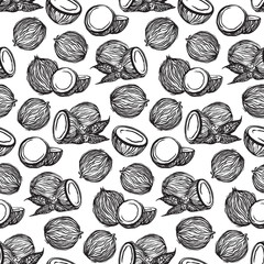 Black sketch coconuts outline seamless pattern. Vector drawing coco fruits. Hand drawn endless illustration, isolated on white background