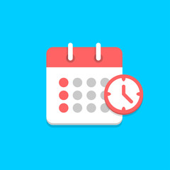 Calendar icon with clock. Schedule, appointment, important date concept. Vector illustration in flat style.