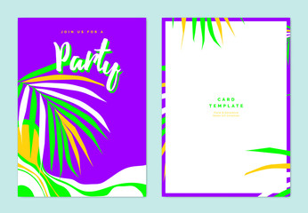 Summer party invitation card template design, palm leave with wavy liquid graphics, colorful vibrant purple, green and yellow tones