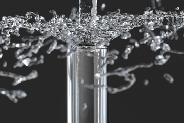 Chemical test tube and splashing water in the lab, 3d rendering.