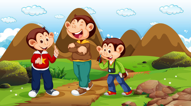 Monkeys walking in park scene