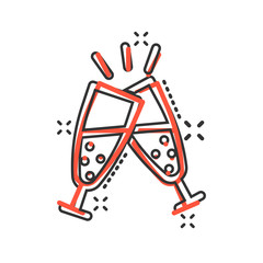 Сhampagne glass icon in comic style. Alcohol drink vector cartoon illustration on white isolated background. Cocktail splash effect business concept.