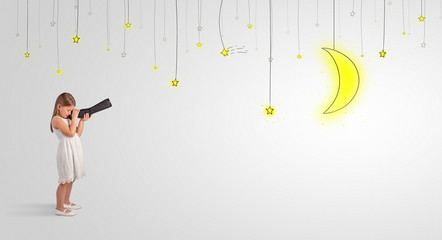 Cute little girl looking through spyglass to lighting bulbs