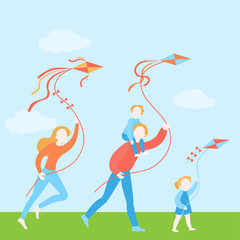 Happy family with kids fly a kite together. Funny summer activity. Vacation and holiday with children.