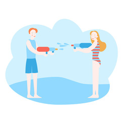 Young man and woman having a water fight with plastic gun. Cartoon Girl and boy playing summer battle with toys