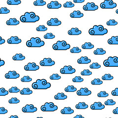 Blue cloud seamless pattern on white background. Paper print design. Abstract retro vector illustration. Trendy textile, fabric, wrapping. Modern space decoration.
