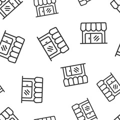 Grocery store icon seamless pattern background. Shop building vector illustration on white isolated background. Market boutique business concept.