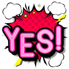 Yes- retro  popart style lettering with shadows on a white background.