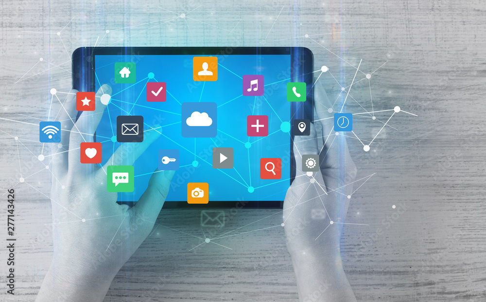 Leinwandbilder hand touching multitask tablet with cloud wifi message social media call icons and symbols concept
