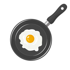 Fried egg in the pan isolated on white background. Illustration of chicken egg with whole yolk cooked in pan. Vector illustration of food in cartoon flat style.