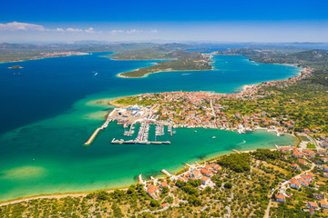 Obraz premium Beautiful Croatian coast, Murter island archipelago and town of Betina from air, Dalmatia Croatia