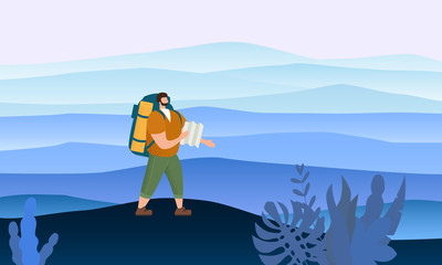 Obraz premium Tourist man with map and backpack performing outdoor touristic activity