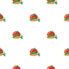 Seamless pattern with 8 bit pixel carrot, cucumber and tomato on a white background. Vector illustration.Old school computer graphic style.