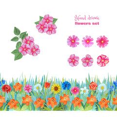 Set of pink flowers. Wild rose and cosme flowers. Seamless floral border with lilies.