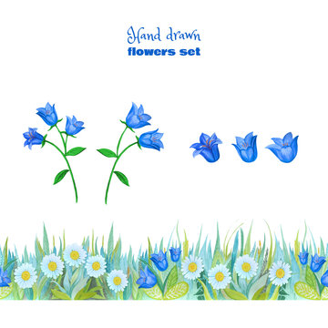 Set of blue flowers. Chamomiles,blue bells. Seamless floral border.