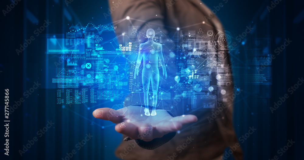 Poster young person holding hologram projection displaying health related graphs and symbols