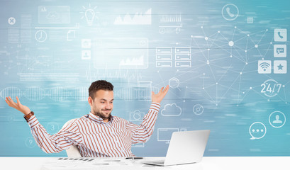Business person at front desk with workflow concept