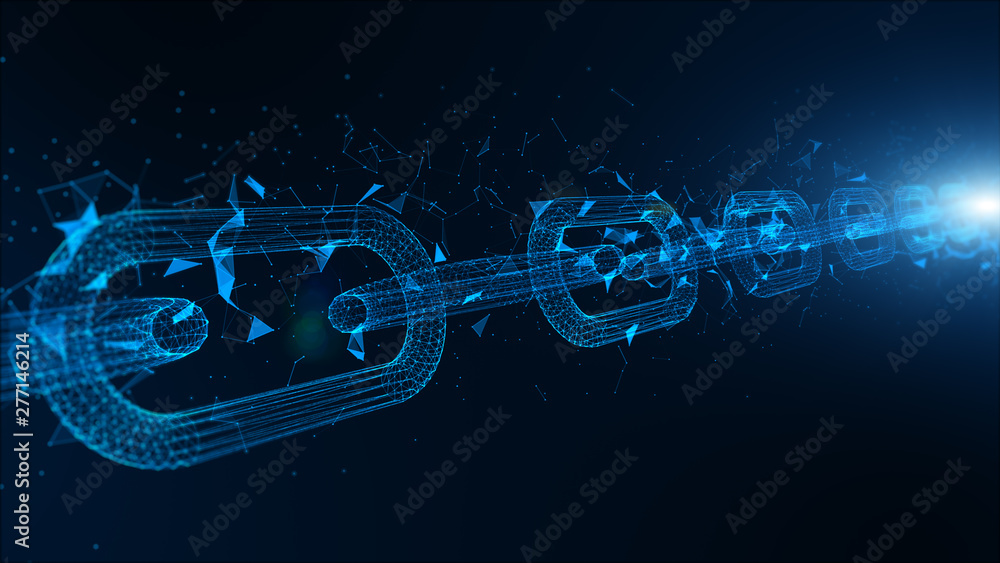 Poster depth of field, network chain links connections, crypto currency connected and digital technology ne